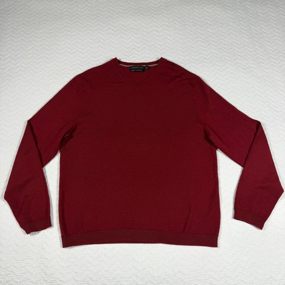 Structure V-Neck‎ Sweater Mens L Burgundy 100% Italian Merino Wool Classic NWOT